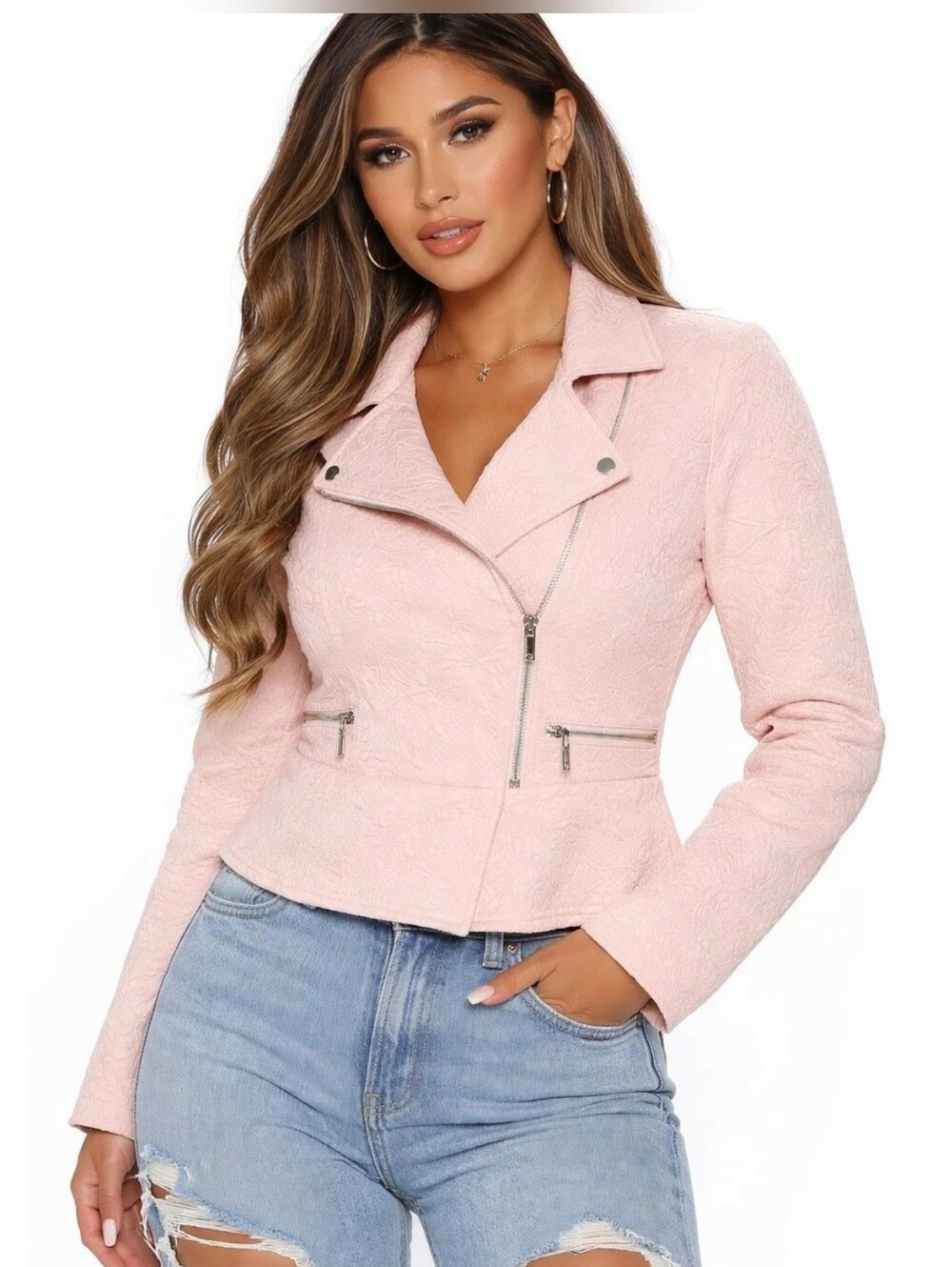 Thalia Sodi Pink Quilted Moto Zip Up Jacket Blazer Peplum Medium